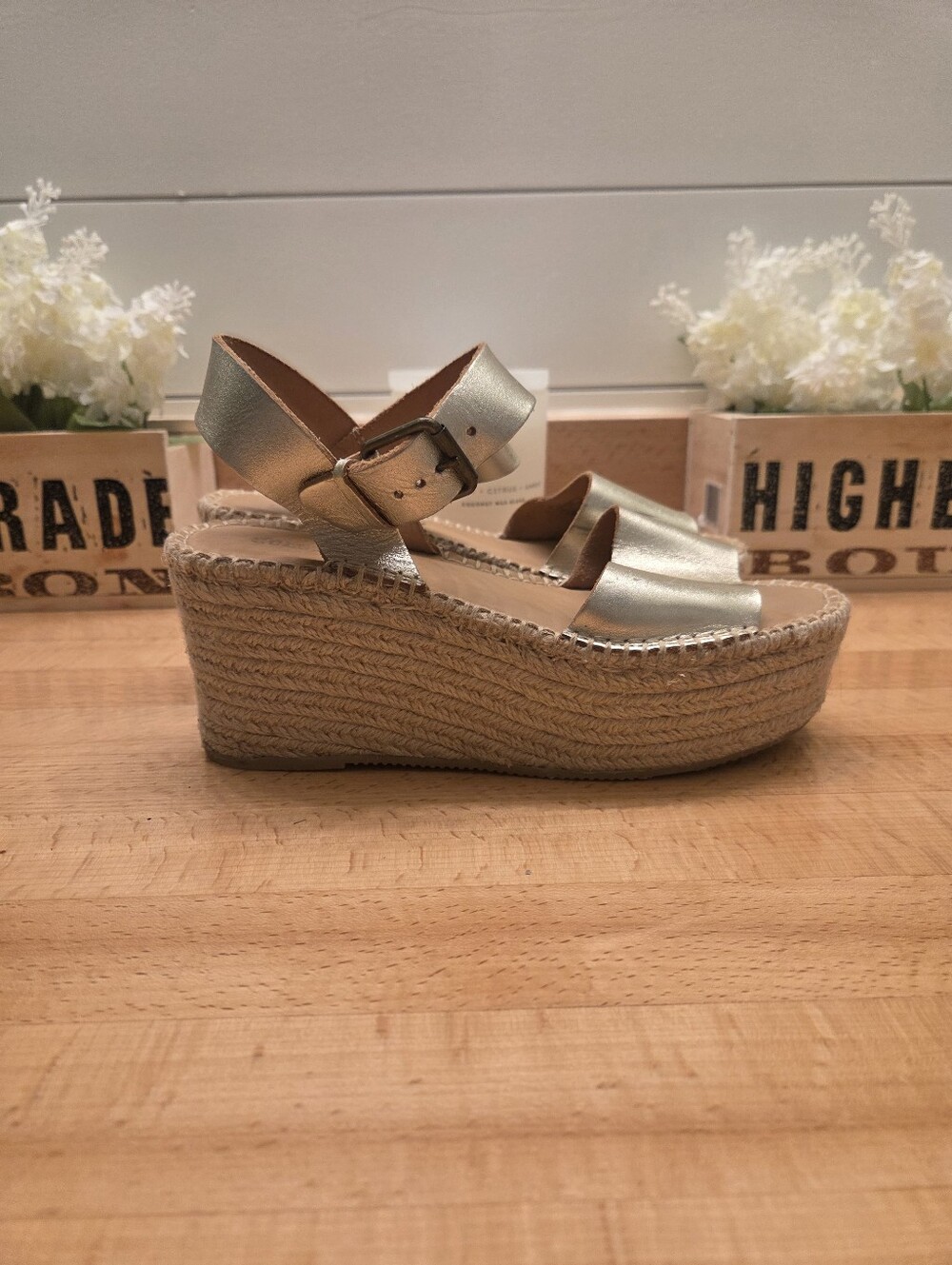 Soludos Minorca Platform Espadrille Sandals Metallic Gold Leather Women’s Sz 7.5